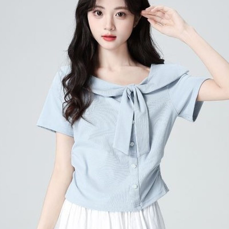 浅蓝色短袖衬衫 蝴蝶结领 细节图1